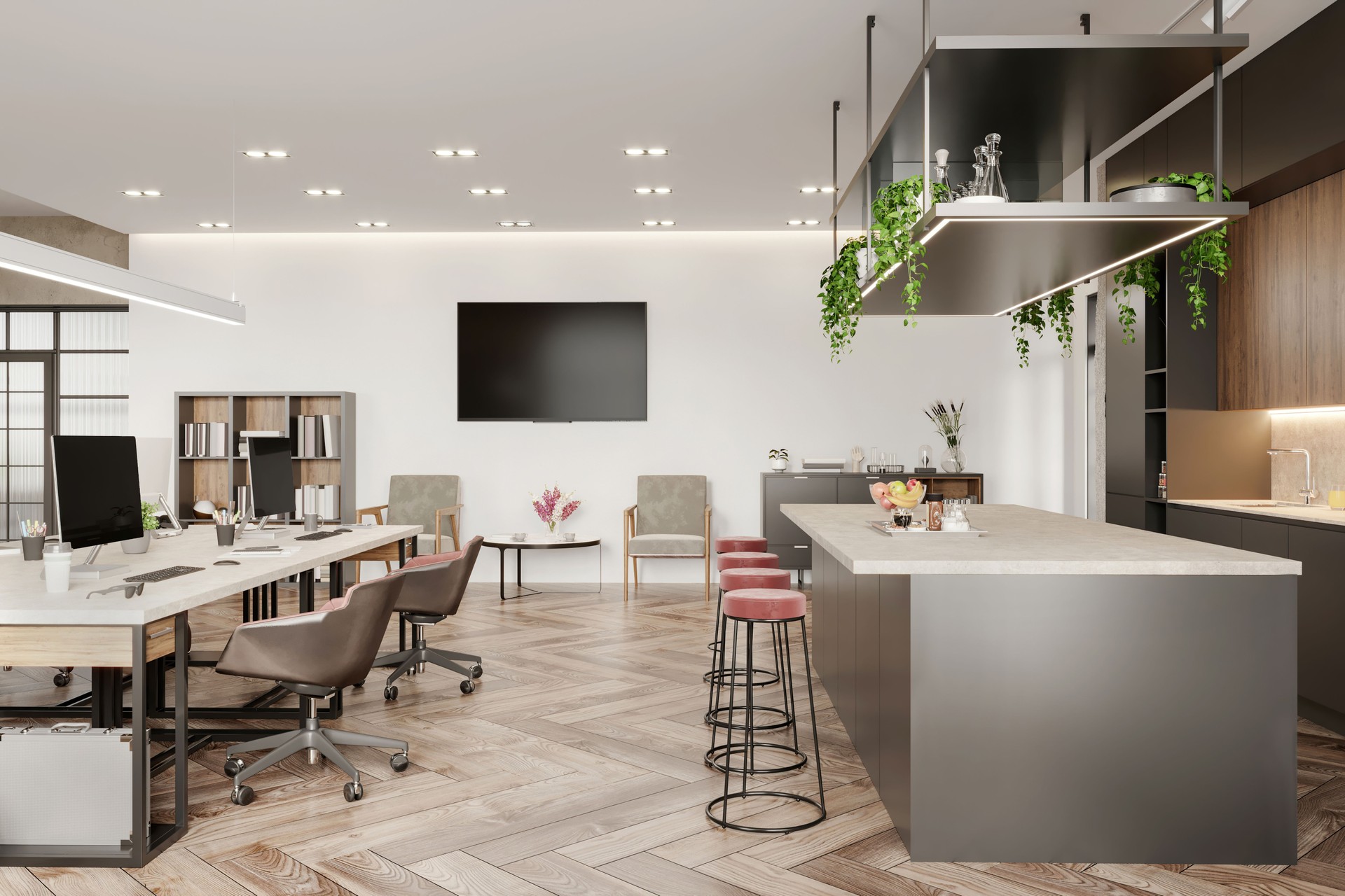 Modern coworking office interior with kitchen island and bar stools